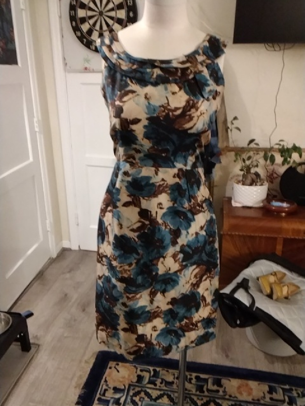 Vintage Kate Spade Floral Sleeveless Blue and Brown Midi Dress